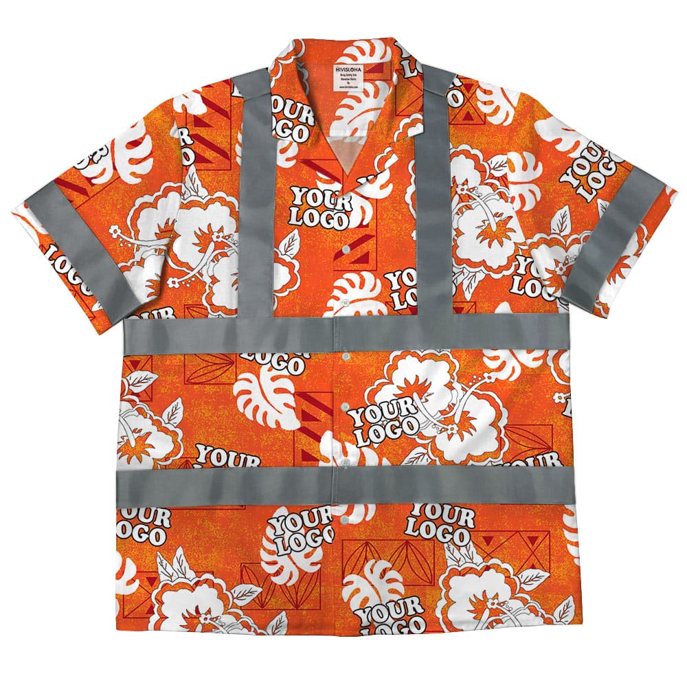 Cotton Orange Floral Hi Vis Hawaiian Shirt With Custom Company Logo