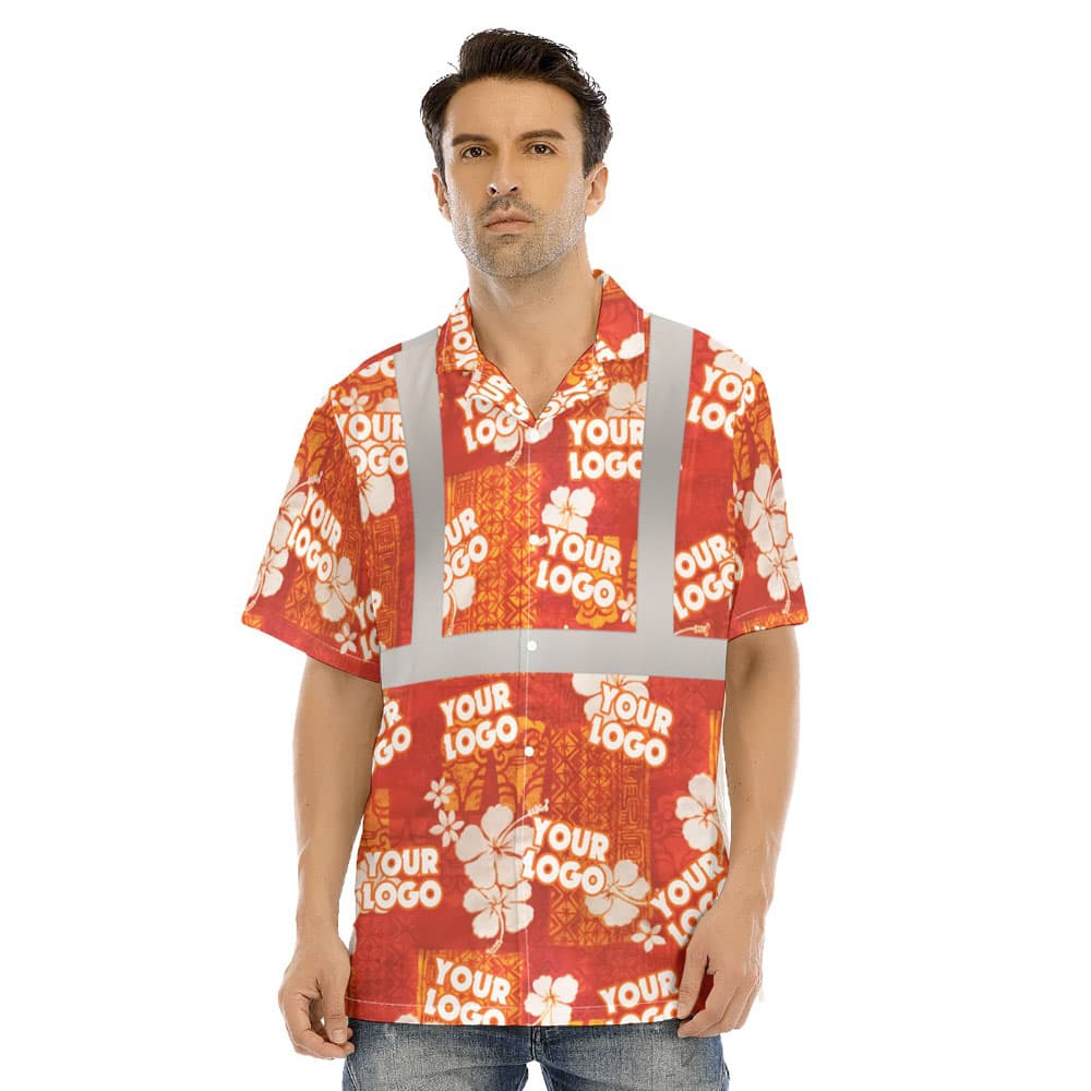 Custom Logo Vintage Orange Hibiscus Hi Vis Hawaiian Shirt
