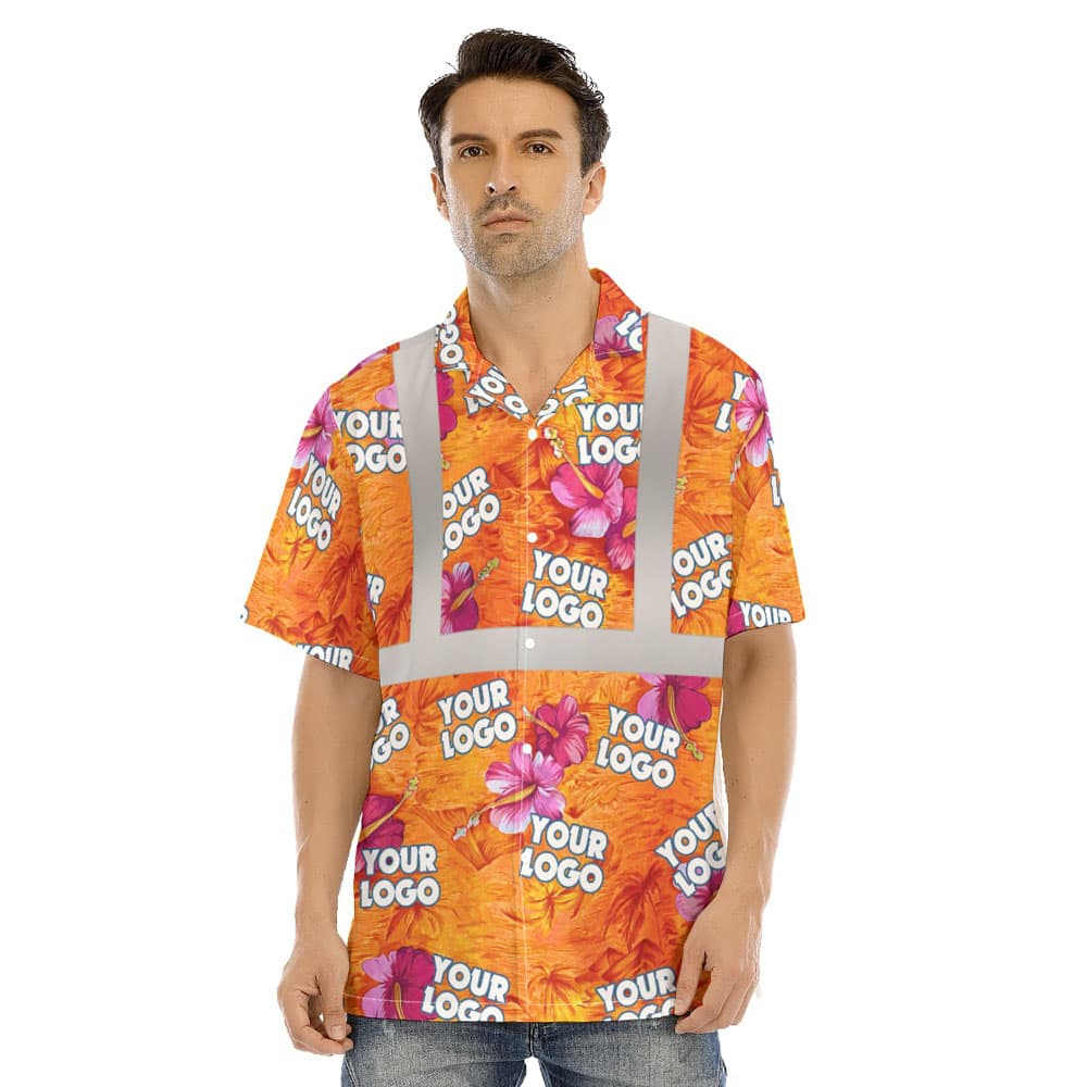 Hibiscus Orange Hi Vis Hawaiian Shirt With Custom Logo